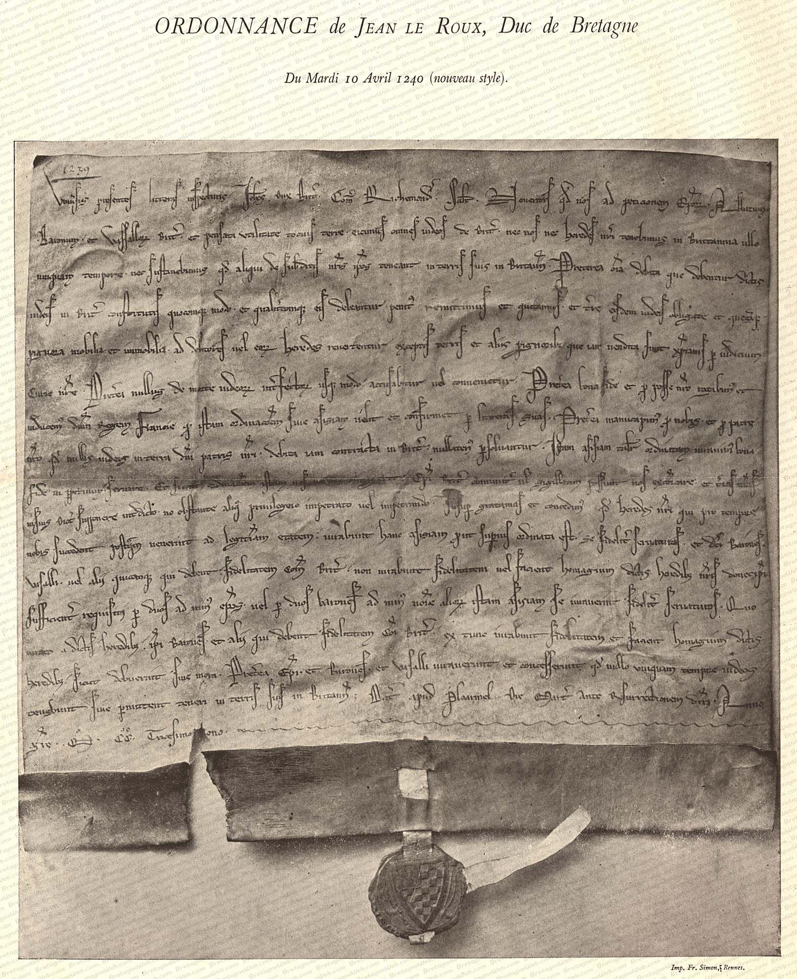 le moyne ordonnance de jean le roux duc de bretagne du 10 avril 1242